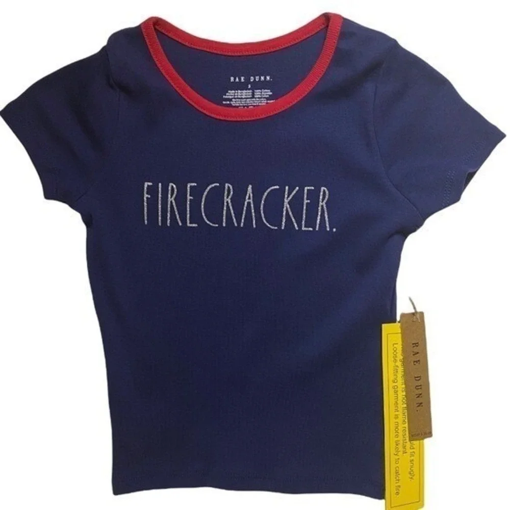 Rae Dunn‎ Kids Firecracker PJ Graphic Tee Patriotic 4th of July Blue Americana